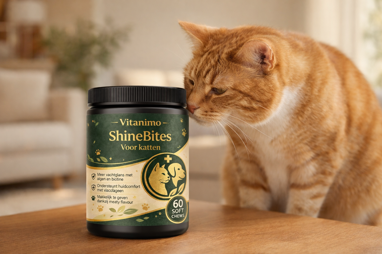 Kat snuffelt aan pot Vitanimo ShineBites (kattensupplement)