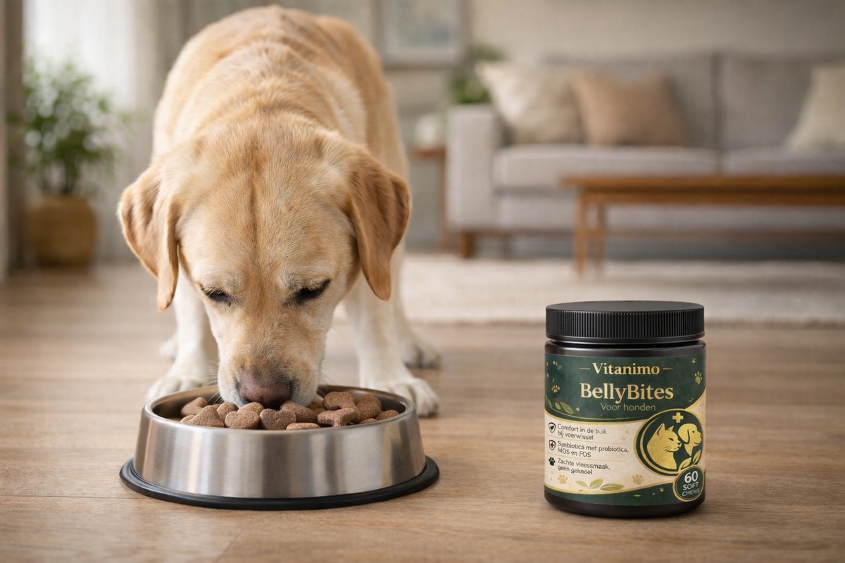 Hond eet uit voerbak met Vitanimo BellyBites hondensupplement op de achtergrond